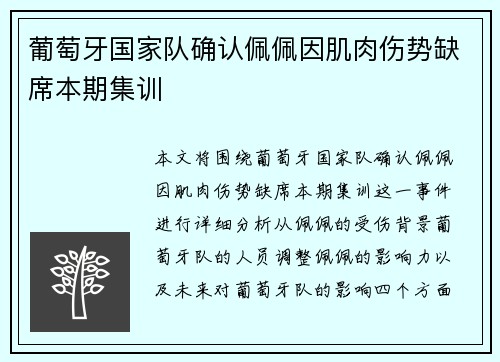 葡萄牙国家队确认佩佩因肌肉伤势缺席本期集训